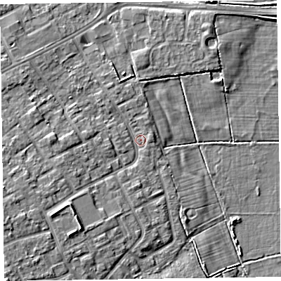 Shaded relief map of the ground around CH469AE, computed from Environment Agency LiDAR. The ground here sits at about 6 m above sea level and falls 8 m across the surrounding 800 m. Surface water reaching this point runs off ground lying to the west-south-west, 5.4 m higher.