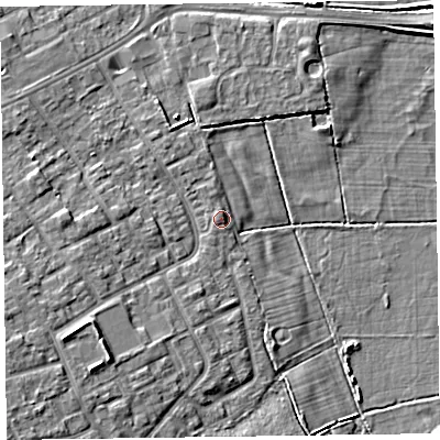 Shaded relief map of the ground around CH469AF, computed from Environment Agency LiDAR. The ground here sits at about 6 m above sea level and falls 8 m across the surrounding 800 m. Surface water reaching this point runs off ground lying to the south-west, 4.9 m higher.