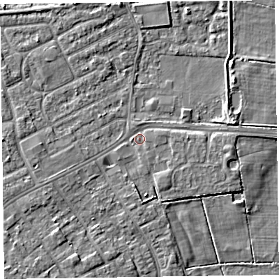 Shaded relief map of the ground around CH469PA, computed from Environment Agency LiDAR. The ground here sits at about 5 m above sea level and falls 6 m across the surrounding 800 m. Surface water reaching this point runs off ground lying to the south-west, 4.2 m higher.