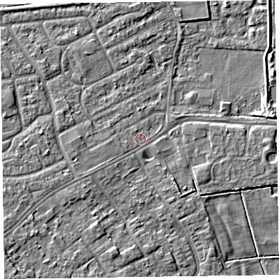 Shaded relief map of the ground around CH469PB, computed from Environment Agency LiDAR. The ground here sits at about 5 m above sea level and falls 8 m across the surrounding 800 m. Surface water reaching this point runs off ground lying to the south-west, 1.8 m higher.