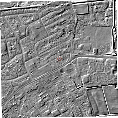 Shaded relief map of the ground around CH469PH, computed from Environment Agency LiDAR. The ground here sits at about 5 m above sea level and falls 8 m across the surrounding 800 m. Surface water reaching this point runs off ground lying to the west-south-west, 1.9 m higher.