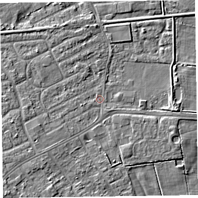 Shaded relief map of the ground around CH469PJ, computed from Environment Agency LiDAR. The ground here sits at about 5 m above sea level and falls 6 m across the surrounding 800 m. Surface water reaching this point runs off ground lying to the south-west, 2.7 m higher.