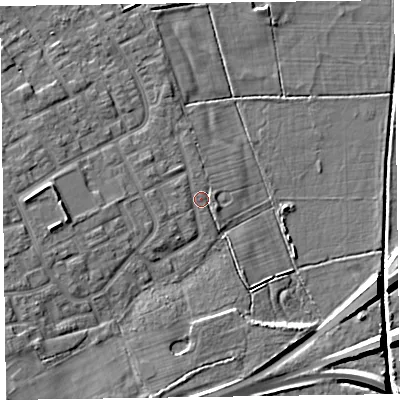 Shaded relief map of the ground around CH469RL, computed from Environment Agency LiDAR. The ground here sits at about 6 m above sea level and falls 9 m across the surrounding 800 m. Surface water reaching this point runs off ground lying to the south-west, 5.8 m higher.