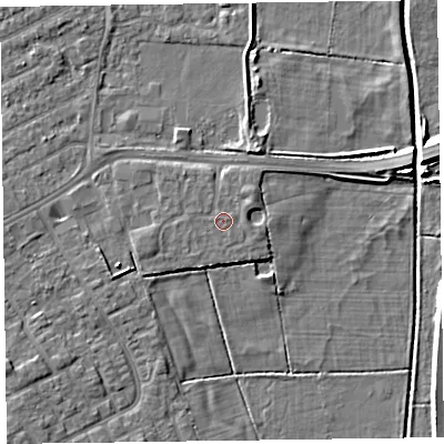Shaded relief map of the ground around CH469SH, computed from Environment Agency LiDAR. The ground here sits at about 6 m above sea level and falls 7 m across the surrounding 800 m. The ground contributing surface water to this point lies to the east.