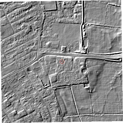 Shaded relief map of the ground around CH469SL, computed from Environment Agency LiDAR. The ground here sits at about 5 m above sea level and falls 6 m across the surrounding 800 m. The ground contributing surface water to this point lies to the north-east.