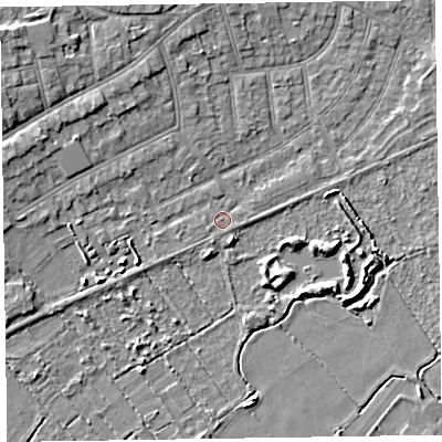 Shaded relief map of the ground around CH470JY, computed from Environment Agency LiDAR. The ground here sits at about 5 m above sea level and falls 6 m across the surrounding 800 m. Surface water reaching this point runs off ground lying to the west-south-west, 3.1 m higher.