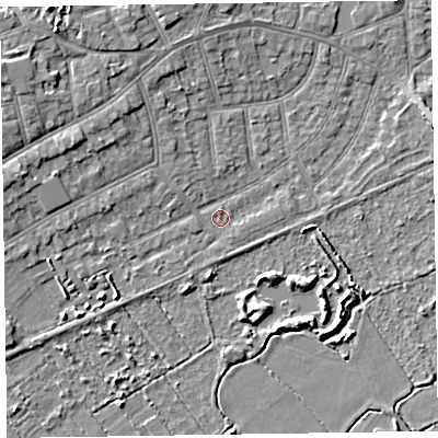 Shaded relief map of the ground around CH470LN, computed from Environment Agency LiDAR. The ground here sits at about 5 m above sea level and falls 6 m across the surrounding 800 m. Surface water reaching this point runs off ground lying to the west-south-west, 3.1 m higher.