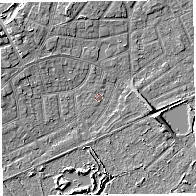 Shaded relief map of the ground around CH470LR, computed from Environment Agency LiDAR. The ground here sits at about 5 m above sea level and falls 7 m across the surrounding 800 m. Surface water reaching this point runs off ground lying to the west-north-west, 6.0 m higher.