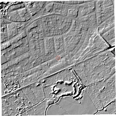 Shaded relief map of the ground around CH470LS, computed from Environment Agency LiDAR. The ground here sits at about 5 m above sea level and falls 7 m across the surrounding 800 m. Surface water reaching this point runs off ground lying to the north-west, 6.4 m higher.