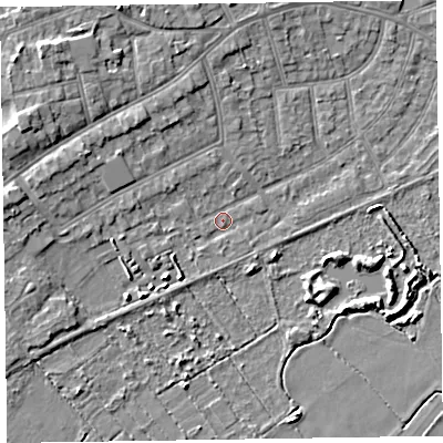 Shaded relief map of the ground around CH470LT, computed from Environment Agency LiDAR. The ground here sits at about 6 m above sea level and falls 7 m across the surrounding 800 m. Surface water reaching this point runs off ground lying to the west, 4.5 m higher.