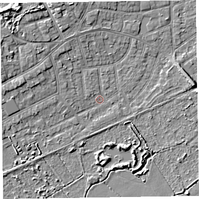 Shaded relief map of the ground around CH470LX, computed from Environment Agency LiDAR. The ground here sits at about 5 m above sea level and falls 8 m across the surrounding 800 m. Surface water reaching this point runs off ground lying to the west-north-west, 3.7 m higher.