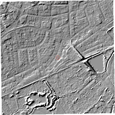 Shaded relief map of the ground around CH470LY, computed from Environment Agency LiDAR. The ground here sits at about 5 m above sea level and falls 6 m across the surrounding 800 m. Surface water reaching this point runs off ground lying to the north-west, 5.1 m higher.