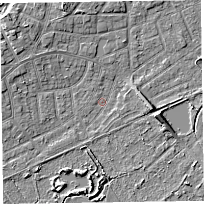 Shaded relief map of the ground around CH470LZ, computed from Environment Agency LiDAR. The ground here sits at about 5 m above sea level and falls 6 m across the surrounding 800 m. Surface water reaching this point runs off ground lying to the north-west, 5.1 m higher.