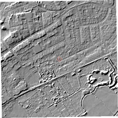 Shaded relief map of the ground around CH470NA, computed from Environment Agency LiDAR. The ground here sits at about 6 m above sea level and falls 7 m across the surrounding 800 m. Surface water reaching this point runs off ground lying to the north-west, 1.2 m higher.