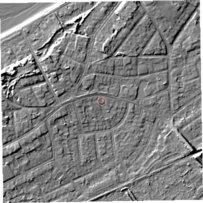 Shaded relief map of the ground around CH470NE, computed from Environment Agency LiDAR. The ground here sits at about 6 m above sea level and falls 9 m across the surrounding 800 m. Surface water reaching this point runs off ground lying to the north-west, 3.2 m higher.