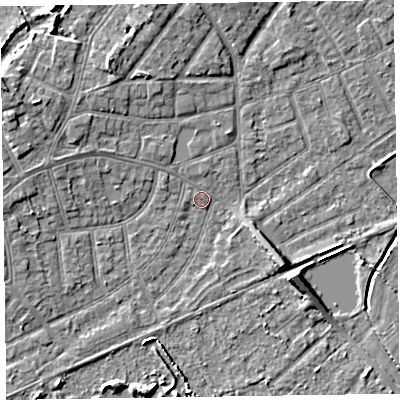 Shaded relief map of the ground around CH470NF, computed from Environment Agency LiDAR. The ground here sits at about 5 m above sea level and falls 6 m across the surrounding 800 m. Surface water reaching this point runs off ground lying to the west-north-west, 5.1 m higher.