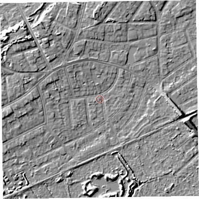 Shaded relief map of the ground around CH470NG, computed from Environment Agency LiDAR. The ground here sits at about 5 m above sea level and falls 7 m across the surrounding 800 m. Surface water reaching this point runs off ground lying to the north-west, 4.5 m higher.