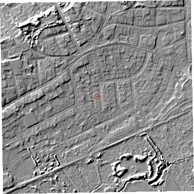 Shaded relief map of the ground around CH470NJ, computed from Environment Agency LiDAR. The ground here sits at about 6 m above sea level and falls 8 m across the surrounding 800 m. Surface water reaching this point runs off ground lying to the north-north-west, 2.1 m higher.