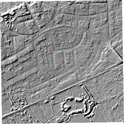 Shaded relief map of the ground around CH470NL, computed from Environment Agency LiDAR. The ground here sits at about 6 m above sea level and falls 8 m across the surrounding 800 m. Surface water reaching this point runs off ground lying to the north-west, 6.7 m higher.