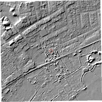 Shaded relief map of the ground around CH470NP, computed from Environment Agency LiDAR. The ground here sits at about 6 m above sea level and falls 7 m across the surrounding 800 m. Surface water reaching this point runs off ground lying to the west, 5.2 m higher.