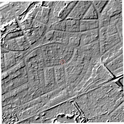 Shaded relief map of the ground around CH470NQ, computed from Environment Agency LiDAR. The ground here sits at about 5 m above sea level and falls 8 m across the surrounding 800 m. Surface water reaching this point runs off ground lying to the north-west, 4.5 m higher.