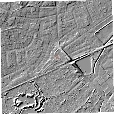 Shaded relief map of the ground around CH470NY, computed from Environment Agency LiDAR. The ground here sits at about 5 m above sea level and falls 6 m across the surrounding 800 m. Surface water reaching this point runs off ground lying to the east-north-east, 2.8 m higher.
