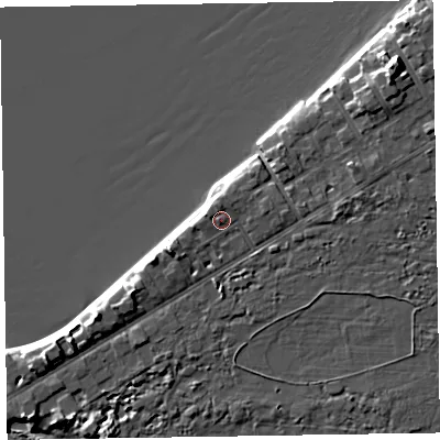 Shaded relief map of the ground around CH471HR, computed from Environment Agency LiDAR. The ground here sits at about 10 m above sea level and falls 13 m across the surrounding 800 m. Surface water reaching this point runs off ground lying to the north-north-west, 1.5 m higher.