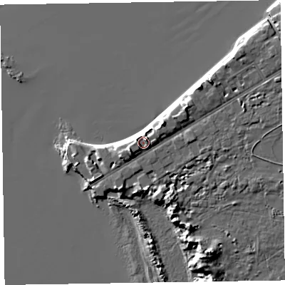 Shaded relief map of the ground around CH471HZ, computed from Environment Agency LiDAR. The ground here sits at about 10 m above sea level and falls 11 m across the surrounding 800 m. Surface water reaching this point runs off ground lying to the east-north-east, 4.5 m higher.