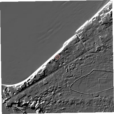 Shaded relief map of the ground around CH471JL, computed from Environment Agency LiDAR. The ground here sits at about 10 m above sea level and falls 13 m across the surrounding 800 m. Surface water reaching this point runs off ground lying to the south-west, 1.4 m higher.