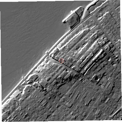 Shaded relief map of the ground around CH472BS, computed from Environment Agency LiDAR. The ground here sits at about 12 m above sea level and falls 10 m across the surrounding 800 m. Surface water reaching this point runs off ground lying to the south, 3.5 m higher.
