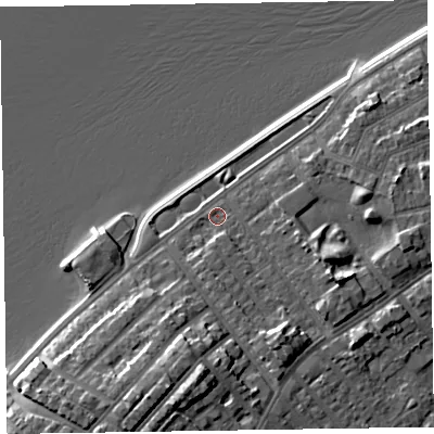 Shaded relief map of the ground around CH473AH, computed from Environment Agency LiDAR. The ground here sits at about 7 m above sea level and falls 11 m across the surrounding 800 m. Surface water reaching this point runs off ground lying to the south-south-east, 5.0 m higher.