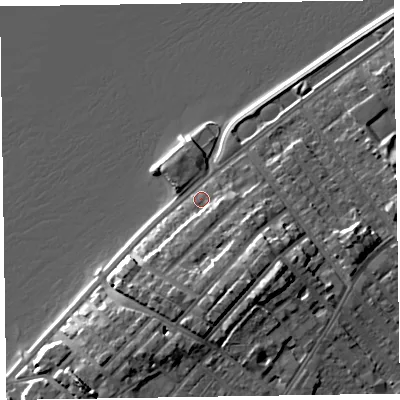 Shaded relief map of the ground around CH473AL, computed from Environment Agency LiDAR. The ground here sits at about 7 m above sea level and falls 10 m across the surrounding 800 m. Surface water reaching this point runs off ground lying to the south-south-west, 5.4 m higher.