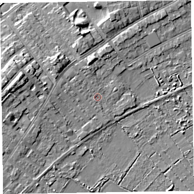 Shaded relief map of the ground around CH473BZ, computed from Environment Agency LiDAR. The ground here sits at about 7 m above sea level and falls 10 m across the surrounding 800 m. Surface water reaching this point runs off ground lying to the north-west, 4.5 m higher.