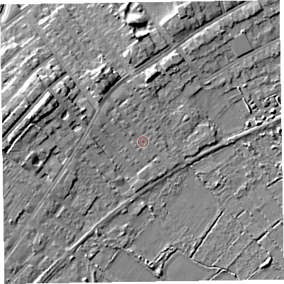 Shaded relief map of the ground around CH473DF, computed from Environment Agency LiDAR. The ground here sits at about 7 m above sea level and falls 10 m across the surrounding 800 m. Surface water reaching this point runs off ground lying to the north-west, 3.5 m higher.