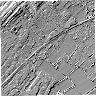 Shaded relief map of the ground around CH473DS, computed from Environment Agency LiDAR. The ground here sits at about 7 m above sea level and falls 10 m across the surrounding 800 m. Surface water reaching this point runs off ground lying to the west-south-west, 1.4 m higher.