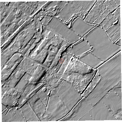 Shaded relief map of the ground around CH474BE, computed from Environment Agency LiDAR. The ground here sits at about 5 m above sea level and falls 6 m across the surrounding 800 m. Surface water reaching this point runs off ground lying to the west, 4.4 m higher.