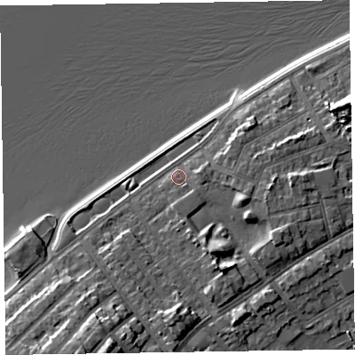 Shaded relief map of the ground around CH475AX, computed from Environment Agency LiDAR. The ground here sits at about 8 m above sea level and falls 11 m across the surrounding 800 m. Surface water reaching this point runs off ground lying to the south-south-east, 4.7 m higher.