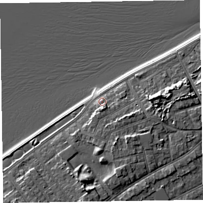 Shaded relief map of the ground around CH475AY, computed from Environment Agency LiDAR. The ground here sits at about 8 m above sea level and falls 10 m across the surrounding 800 m. Surface water reaching this point runs off ground lying to the south-west, 1.4 m higher.