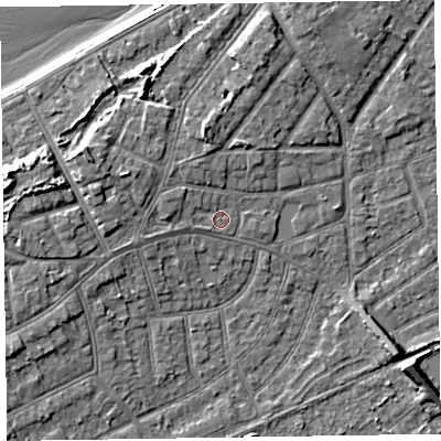 Shaded relief map of the ground around CH476AA, computed from Environment Agency LiDAR. The ground here sits at about 6 m above sea level and falls 9 m across the surrounding 800 m. Surface water reaching this point runs off ground lying to the west-north-west, 1.6 m higher.