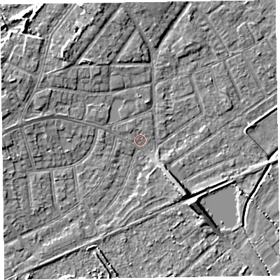 Shaded relief map of the ground around CH476AB, computed from Environment Agency LiDAR. The ground here sits at about 5 m above sea level and falls 6 m across the surrounding 800 m. Surface water reaching this point runs off ground lying to the west-north-west, 5.1 m higher.