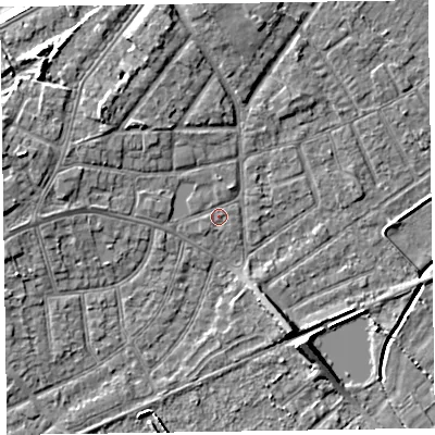 Shaded relief map of the ground around CH476AD, computed from Environment Agency LiDAR. The ground here sits at about 5 m above sea level and falls 7 m across the surrounding 800 m. Surface water reaching this point runs off ground lying to the west-north-west, 2.5 m higher.