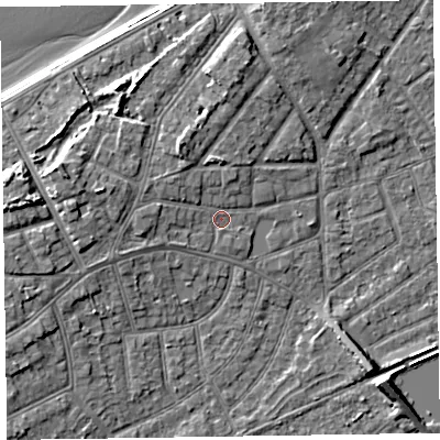 Shaded relief map of the ground around CH476AF, computed from Environment Agency LiDAR. The ground here sits at about 6 m above sea level and falls 8 m across the surrounding 800 m. Surface water reaching this point runs off ground lying to the north-north-west, 3.0 m higher.
