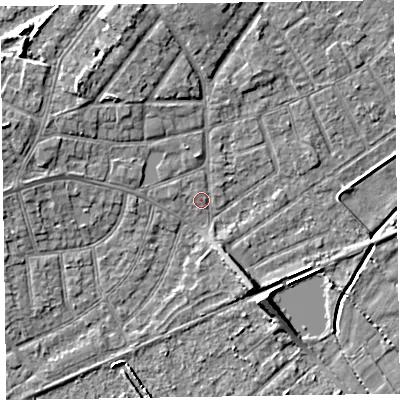 Shaded relief map of the ground around CH476AP, computed from Environment Agency LiDAR. The ground here sits at about 5 m above sea level and falls 6 m across the surrounding 800 m. Surface water reaching this point runs off ground lying to the west-north-west, 0.9 m higher.