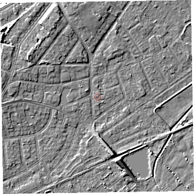 Shaded relief map of the ground around CH476AR, computed from Environment Agency LiDAR. The ground here sits at about 5 m above sea level and falls 7 m across the surrounding 800 m. The ground contributing surface water to this point lies to the west-north-west.