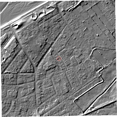 Shaded relief map of the ground around CH477AL, computed from Environment Agency LiDAR. The ground here sits at about 6 m above sea level and falls 9 m across the surrounding 800 m. Surface water reaching this point runs off ground lying to the north-north-west, 4.1 m higher.