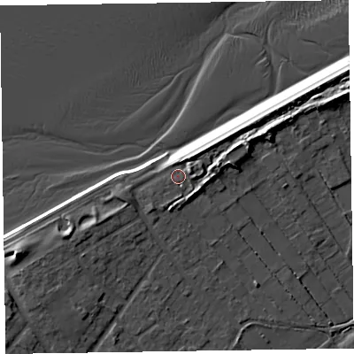 Shaded relief map of the ground around CH477AU, computed from Environment Agency LiDAR. The ground here sits at about 7 m above sea level and falls 10 m across the surrounding 800 m. Surface water reaching this point runs off ground lying to the north-east, 2.6 m higher.