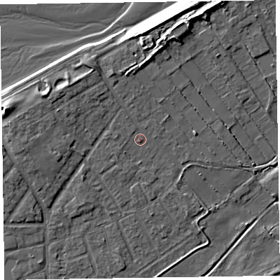 Shaded relief map of the ground around CH477AY, computed from Environment Agency LiDAR. The ground here sits at about 6 m above sea level and falls 9 m across the surrounding 800 m. Surface water reaching this point runs off ground lying to the north-north-east, 3.8 m higher.