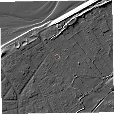 Shaded relief map of the ground around CH477AZ, computed from Environment Agency LiDAR. The ground here sits at about 6 m above sea level and falls 9 m across the surrounding 800 m. Surface water reaching this point runs off ground lying to the north-north-east, 4.2 m higher.