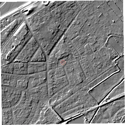 Shaded relief map of the ground around CH477BB, computed from Environment Agency LiDAR. The ground here sits at about 5 m above sea level and falls 8 m across the surrounding 800 m. Surface water reaching this point runs off ground lying to the north, 1.3 m higher.