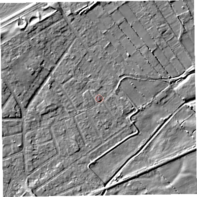 Shaded relief map of the ground around CH477BD, computed from Environment Agency LiDAR. The ground here sits at about 5 m above sea level and falls 7 m across the surrounding 800 m. Surface water reaching this point runs off ground lying to the north-north-west, 1.4 m higher.